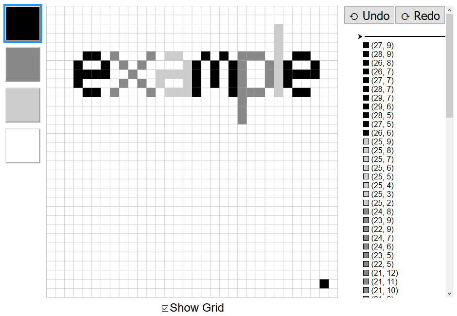 A small drawing application. On the left, there are four buttons to pick a shade of gray to draw with. On the right, there are undo and redo buttons and a list of colors and coordinates showing the order that pixels were given a color. At the bottom, a checkbox with the label "Show Grid" is checked. In the middle, a canvas divided into a 32 by 32 grid has the word "example" written on it in various shades of gray.